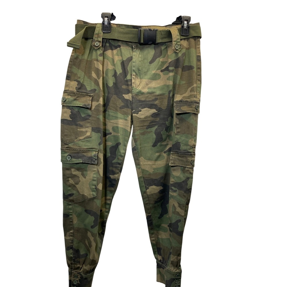 American Bazi Cargo Pants Womens L Green Camo Belted Tapered Cuff zip fly
